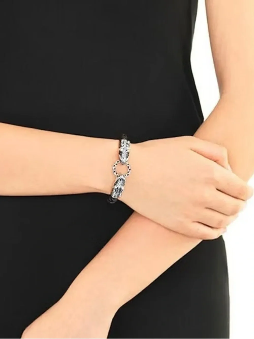 JOHN HARDY Sterling Silver Dragon Naga Woven Leather Bracelet Black Unisex 7”